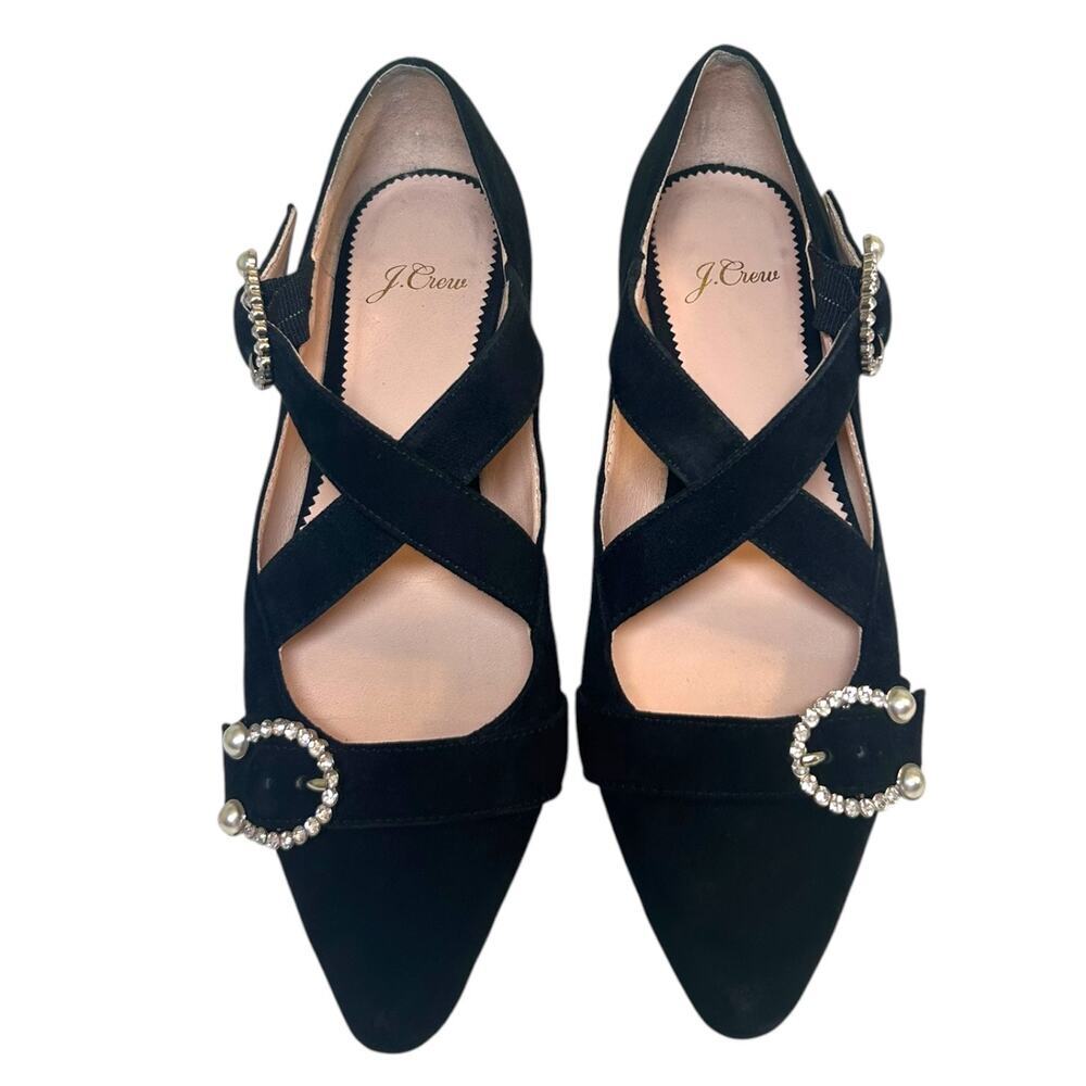 J. Crew Women’s 'Marina' Suede Pointed-Toe Flats Rhinestones Pearl, Black Size 7 - Picture 2 of 7